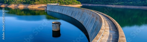 Serene Reservoir Vista with Curved Dam Structure and Reflective Water Surface Under Natural Light
