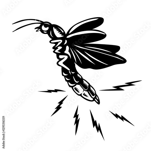 Retro woodcut style illustration of a soft bodied beetle called a firefly, lightning bug, or glowworm flying viewed from side on isolated background done in black and white.
