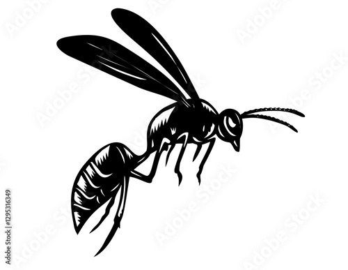 Retro woodcut style illustration of the great black wasp or Sphex pensylvanicus, a species of digger wasp flying viewed from side on isolated background done in black and white.