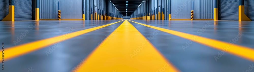 Fototapeta premium Warehouse Interior Perspective View with Parallel Yellow Striped Lines on Gray Concrete Floor