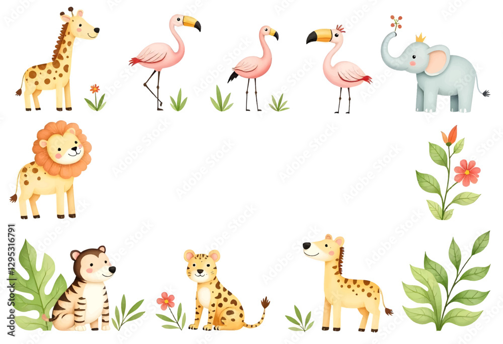 Watercolor illustration of a collection of jungle Watercolor illustration of a collection of jungle