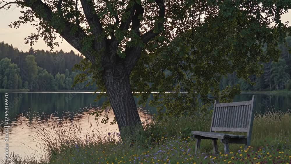 Serene lakeside scene with a bench under a tree at sunset, captured from a low angle. Ideal for a calming nature video backdrop. Serene lakeside scene with a bench under a tree at sunset, captured from a low angle. Ideal for a calming nature video backdrop.