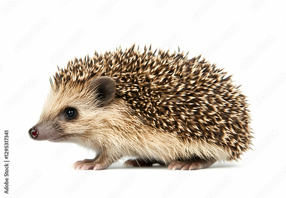 Obraz premium Adorable European Hedgehog Portrait, A Detailed Studio Shot on White Showcasing its Quills and Delicate Features for Wildlife and Nature Enthusiasts