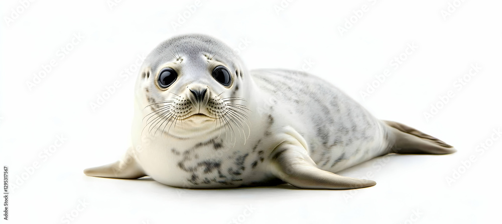 Obraz premium Adorable harbor seal pup portrait isolated on white background, showcasing its charming face, expressive eyes, and unique spotted coat, capturing the essence of wildlife cuteness