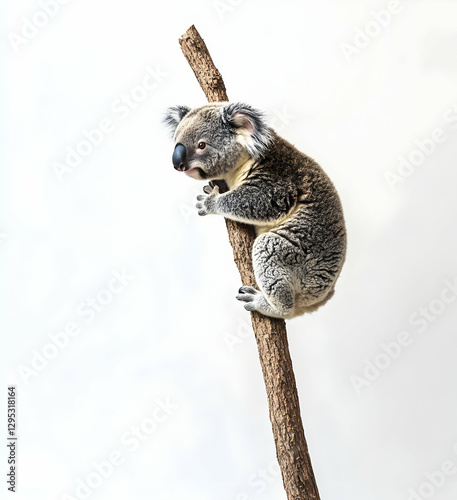 Adorable Koala Climbing a Tree Branch Against a White Background, Capturing the Essence of Australian Wildlife and Conservation Efforts in a Studio Setting
