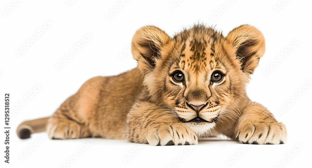 Adorable Lion Cub Resting Isolated on White Background, showcasing its charming and playful nature, perfect for wildlife and animal-themed projects Adorable Lion Cub Resting Isolated on White Background, showcasing its charming and playful nature, perfect for wildlife and animal-themed projects
