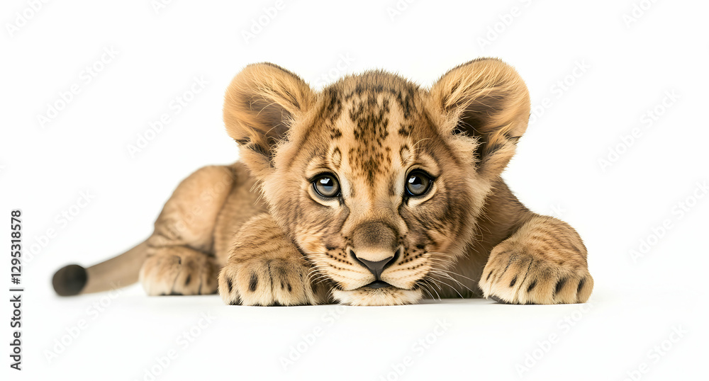 Obraz premium Adorable Lion Cub Resting on White Background, A Captivating Portrait of Innocence and Wild Beauty Depicting the Early Stages of a Majestic Predator