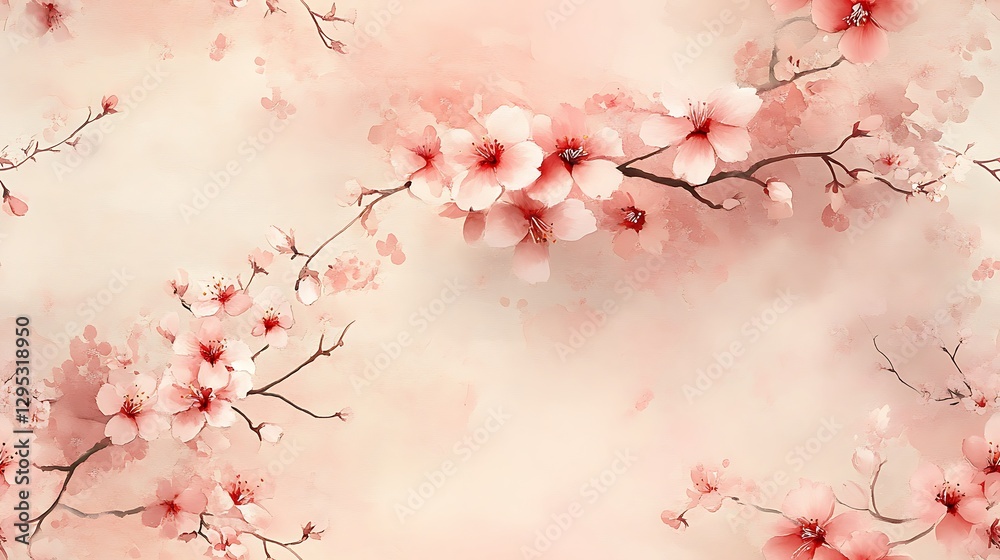 Naklejka premium A delicate watercolor illustration of cherry blossoms and elegant vines, flowing naturally on a muted dusty pink canvas, with soft, fluid strokes and a romantic atmosphere. --ar 16:9 --tile