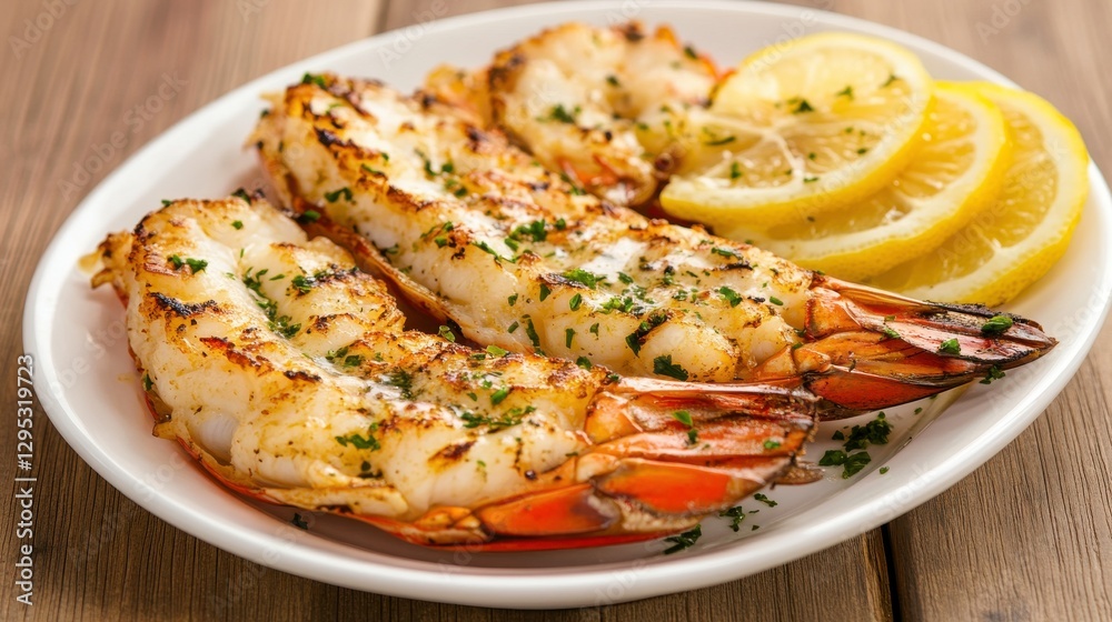 Grilled Lobster Tail with Garlic Butter and Lemon Slices Grilled Lobster Tail with Garlic Butter and Lemon Slices