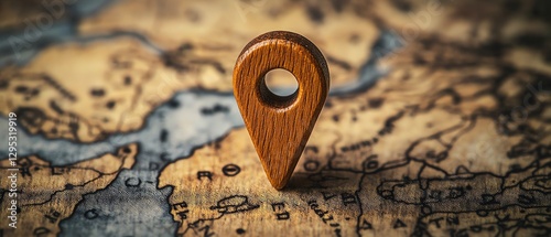 Handcrafted wooden location pin on a map, showcasing the essence of navigation, travel, and destination planning in an adventurethemed design photo