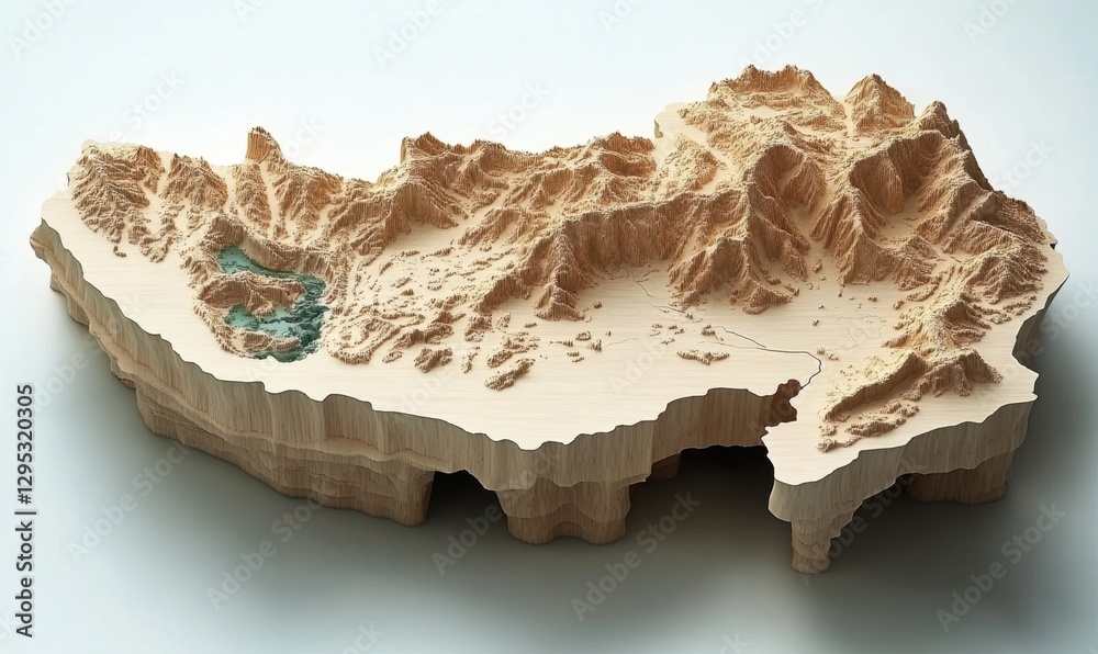 Obraz premium 3D wooden topographic map of a mountainous region with valleys and plateaus for education