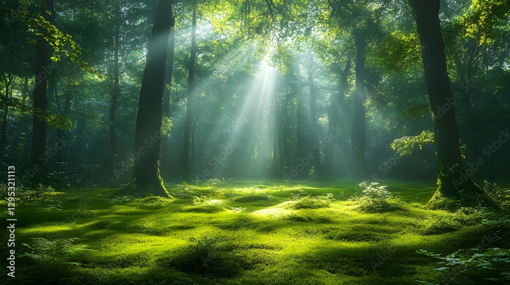 Obraz premium The morning forest with sunlight shining through the treetops and onto the moss