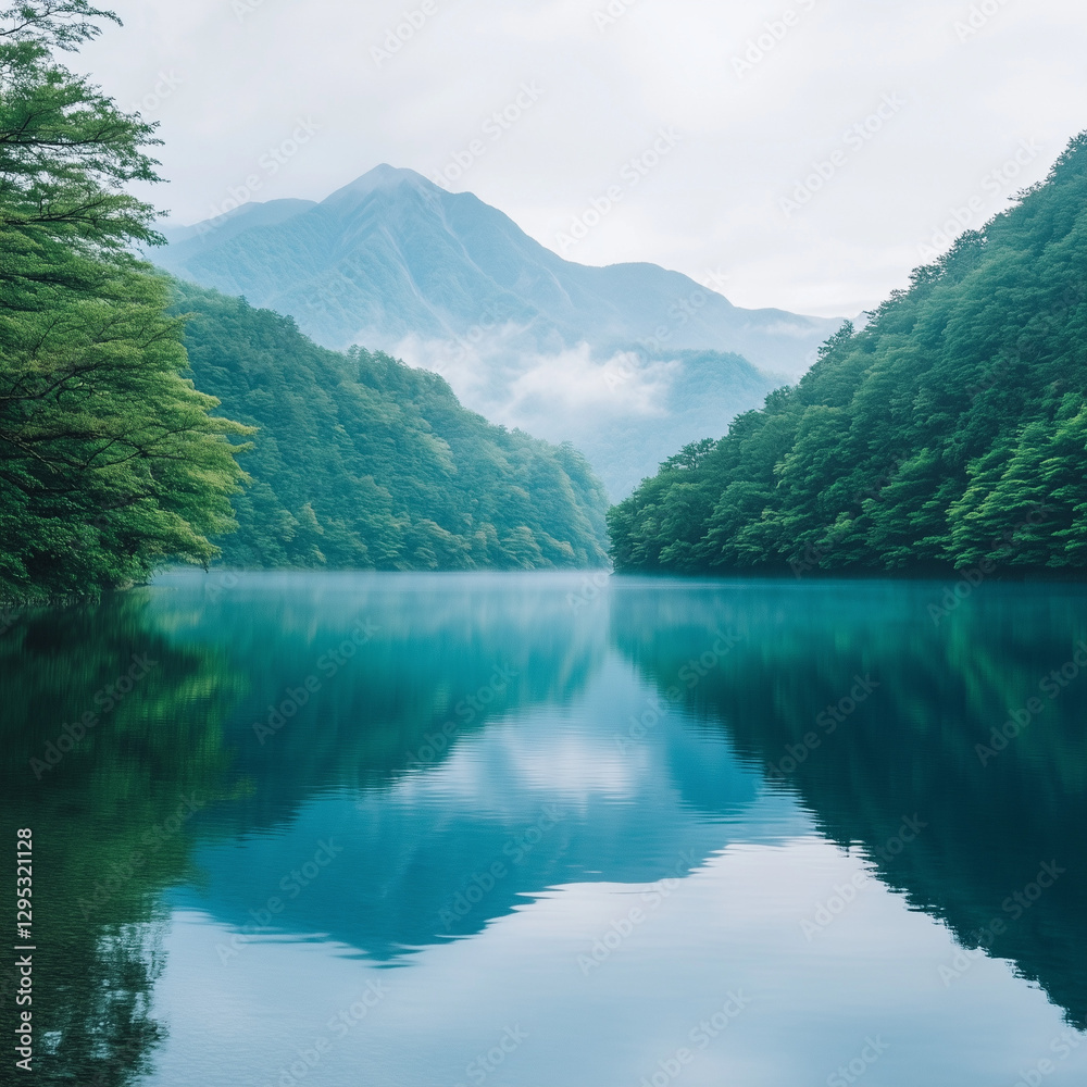 Naklejka premium A Peaceful Scene of a Pristine Lake Surrounded by Lush Forests and Majestic Mountains, lake and mountains