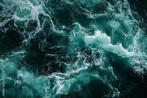 Aerial View of Ocean Waves, A Powerful Display of Nature's Energy and Beauty, Capturing the Dynamic Movement and Turbulent Texture of the Water Surface