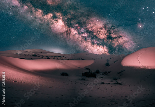 Fototapeta Naklejka Na Ścianę i Meble -  Bright Milky Way over desert sand dunes in Abu Dhabi