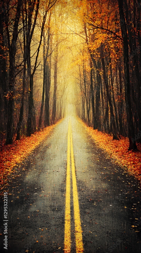 Fototapeta premium Rainy Autumn Road Through Golden Forest