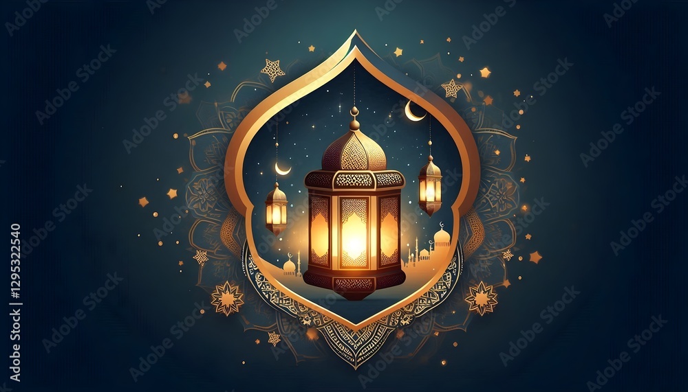 Fototapeta premium Beautiful Arabic lamp with hanging lights and mosque silhouette for Ramadan theme