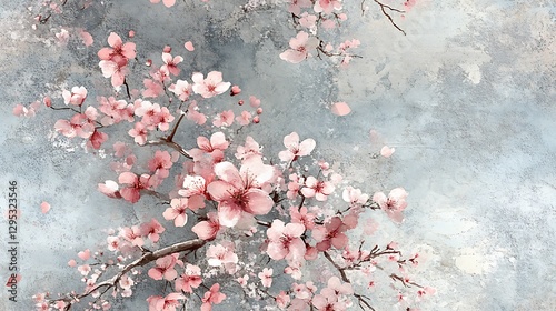 A dreamy watercolor scene of cherry blossom trails with soft pink petals gently scattered on a muted dove-gray canvas, painted with light, flowing strokes for a vintage charm. --ar 16:9 --tile