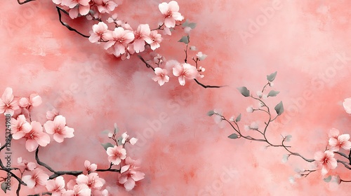 A graceful watercolor scene of cherry blossoms and intertwined vines, featuring soft pastel pink petals and light green leaves on a dusty pink textured backdrop, painted with gentle, precise strokes.