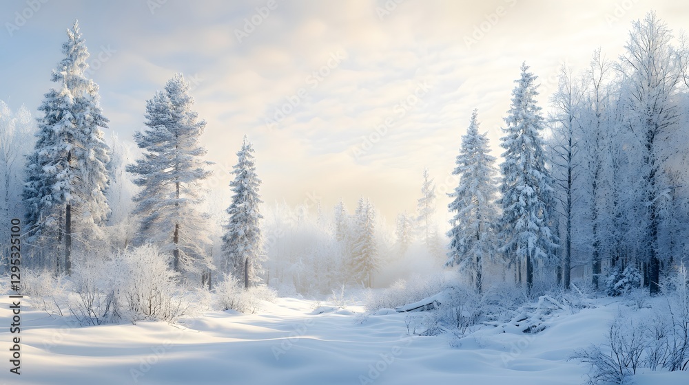 Fototapeta premium 48. A serene snow-covered landscape with towering pine trees, their branches heavy with ice, reflecting the soft light of winter