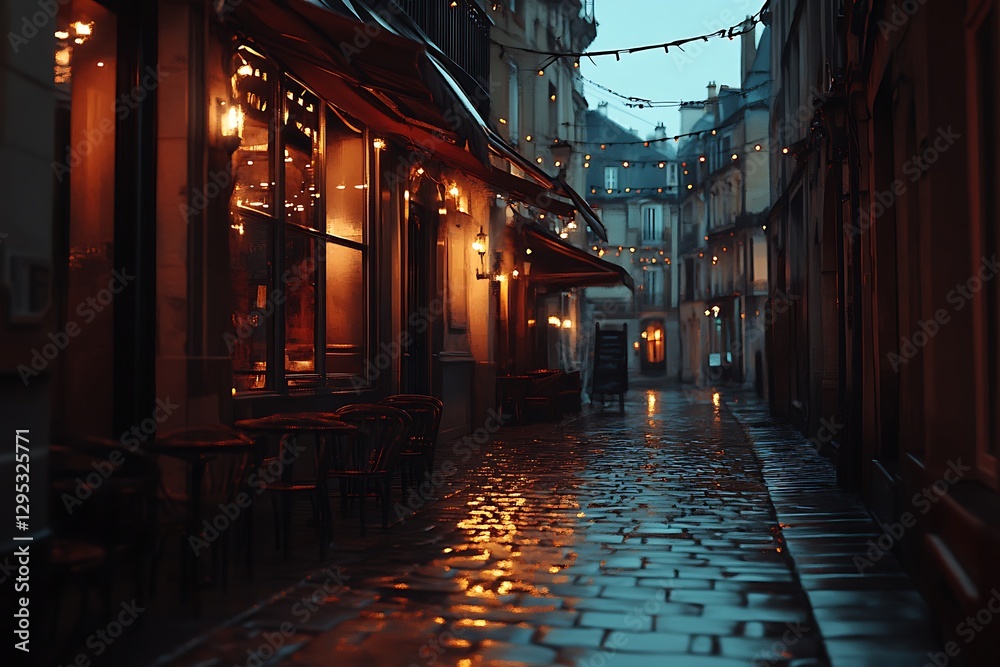 Fototapeta premium Rainy night, cobblestone street, cafe