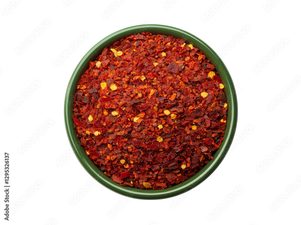 Close up spicy chili red pepper flakes, chopped, milled dry paprika pile in bowl isolated on white, top view Close up spicy chili red pepper flakes, chopped, milled dry paprika pile in bowl isolated on white, top view