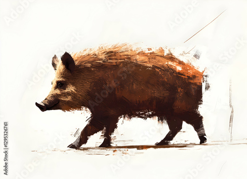 Captivating artistic portrait of a wild boar in motion, showcasing rich brown tones and dynamic brushstrokes against a pristine white backdrop, a symbol of wildlife photo