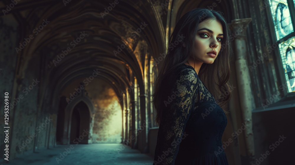 Fototapeta premium a woman in a black dress standing in an old building with arches