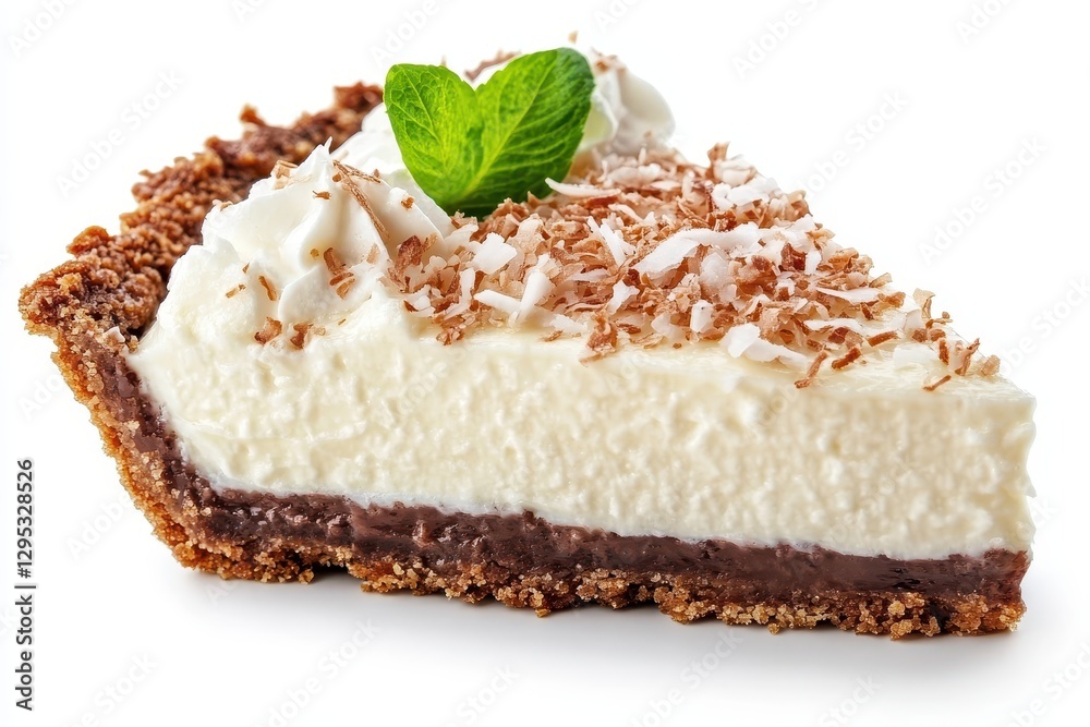 Creamy coconut cream pie slice, chocolate crust, whipped cream topping. Perfect for menus, blogs, or dessert websites needing a delicious image. Creamy coconut cream pie slice, chocolate crust, whipped cream topping. Perfect for menus, blogs, or dessert websites needing a delicious image.