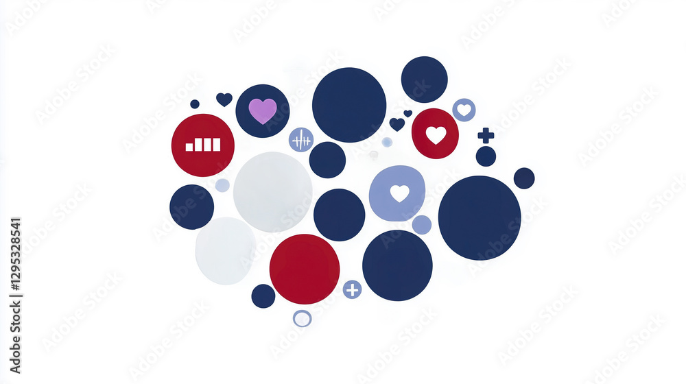 Fototapeta premium Colorful circles representing health and support networks, featuring various symbols like hearts and medical icons, conveying sense of community and care