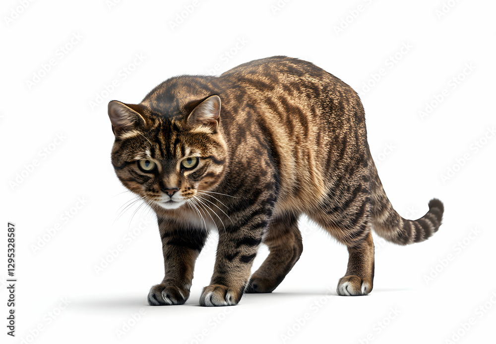 Obraz premium Captivating Portrait of a Brown Tabby Cat, Alert, Agile, and Ready to Pounce in a High-Quality Studio Shot on a Clean White Background Showcasing its Detailed Markings