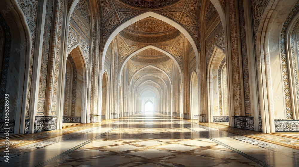 Fototapeta premium Majestic Architectural Marvel, An Endless Corridor of Intricate Arches and Golden Light