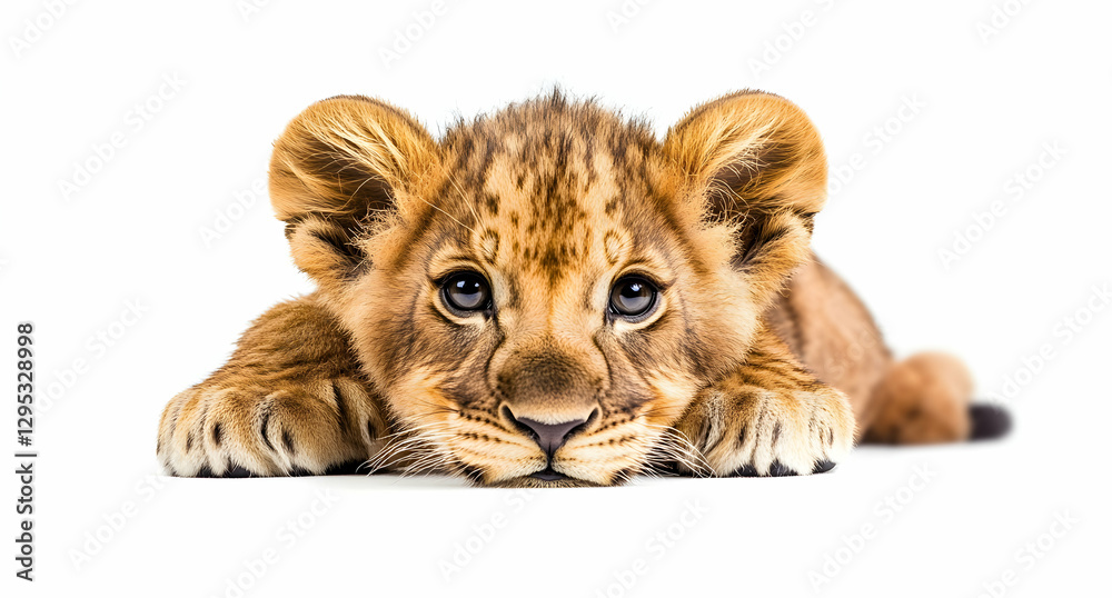 Obraz premium Captivating portrait of a lion cub on a white background showcasing its youthful charm and innocence with its expressive eyes and soft fur captivating the viewer
