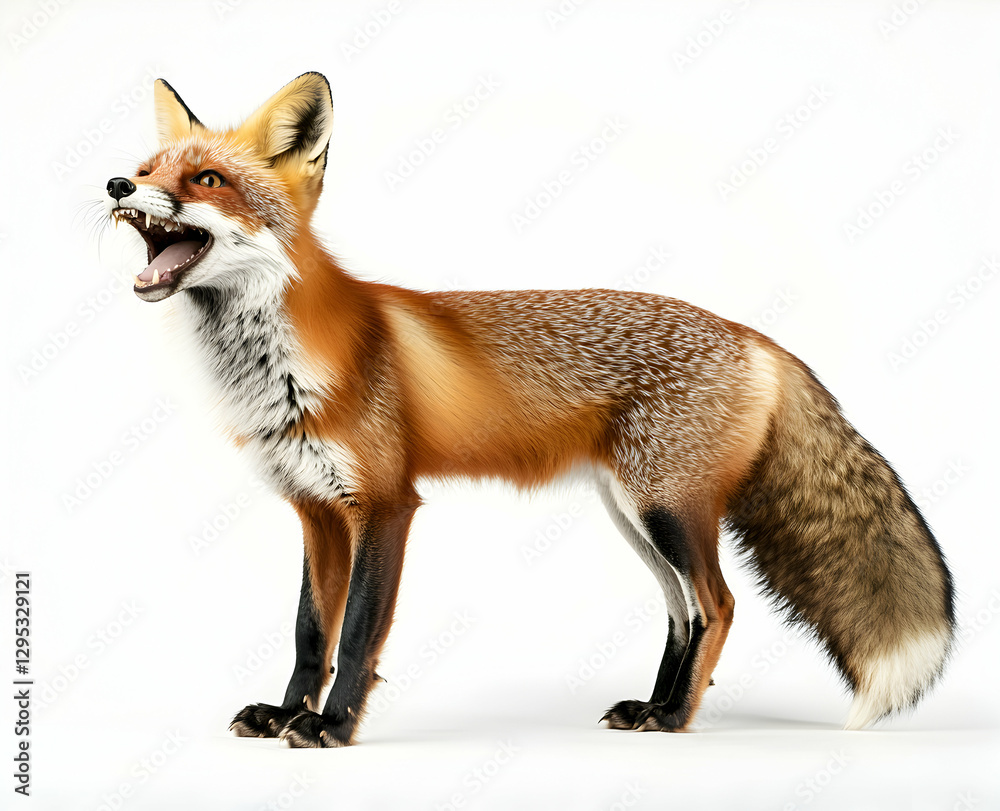Fototapeta premium Captivating Portrait of a Red Fox Exhibiting its Sharp Teeth Against a Pristine White Backdrop, Evoking a Sense of Wildness and Untamed Beauty