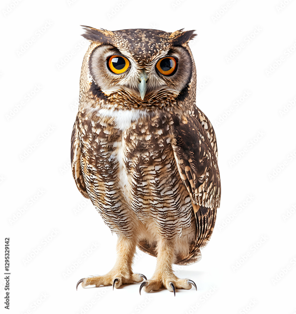 Naklejka premium Captivating Portrait of a Spotted Eagle-Owl Against a Clean White Background, Showcasing Intricate Feather Details and Piercing Gaze for Wildlife Enthusiasts and Design Projects