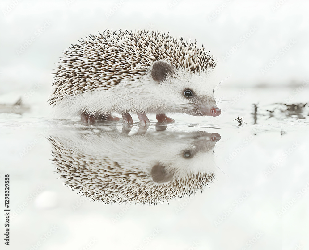 Obraz premium Captivating Reflection, A Pristine White Hedgehog Navigating Shallow Waters, Mirrored in Serene Calmness, Showcasing Nature's Delicate Beauty and Tranquility