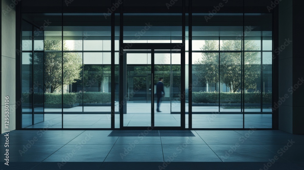 Executive departures with a reflection in the office building鈥檚 glass door. Featuring leadership shift and career change Executive departures with a reflection in the office building鈥檚 glass door. Featuring leadership shift and career change
