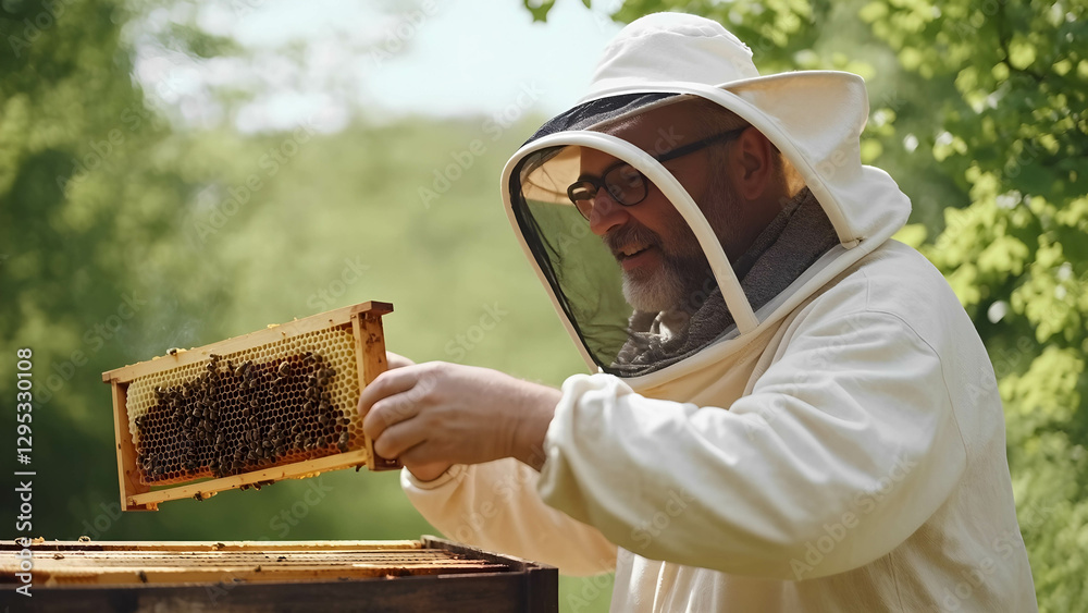 A happy beekeeper tending to a beehive, supporting pollinators and biodiversity A happy beekeeper tending to a beehive, supporting pollinators and biodiversity