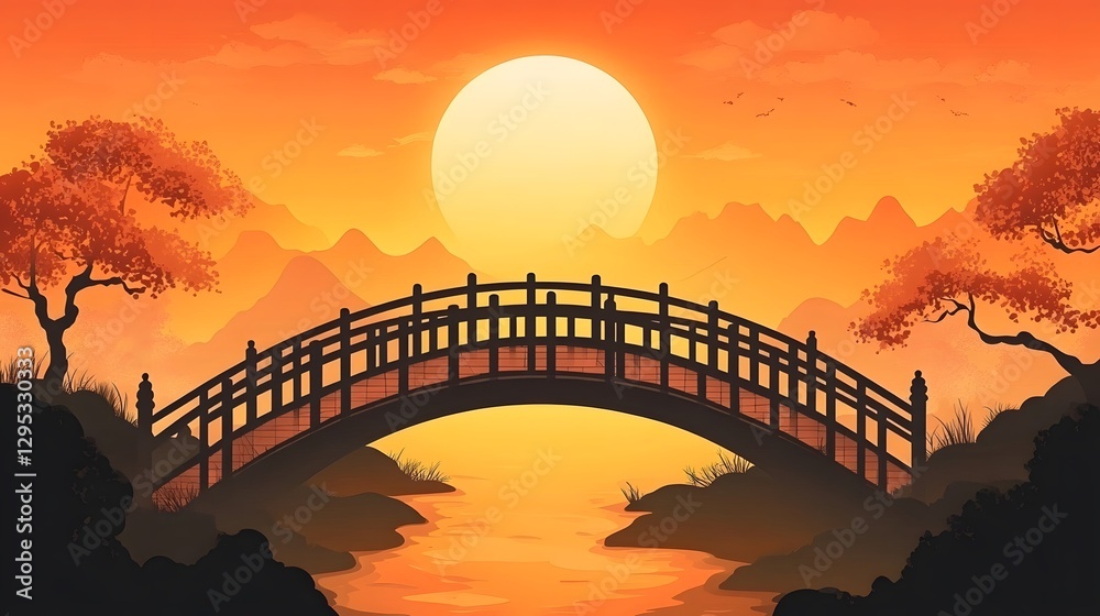 Obraz premium The stream and the small wooden bridge in the sunset glow