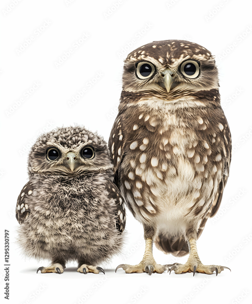 Fototapeta premium Charming portrait of a mother owl with her fluffy owlet, standing side by side against a pristine white backdrop, showcasing their distinctive features and endearing presence