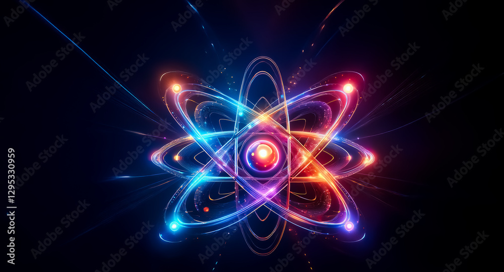 Glowing atom model with vibrant blue and red orbits around a central nucleus, radiating energy against a dark backdrop, representing science and physics concepts. Glowing atom model with vibrant blue and red orbits around a central nucleus, radiating energy against a dark backdrop, representing science and physics concepts.