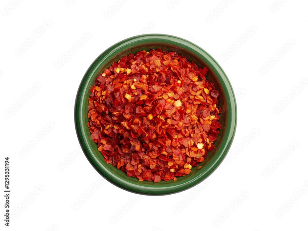 Close up spicy chili red pepper flakes, chopped, milled dry paprika pile in bowl isolated on white, top view Close up spicy chili red pepper flakes, chopped, milled dry paprika pile in bowl isolated on white, top view