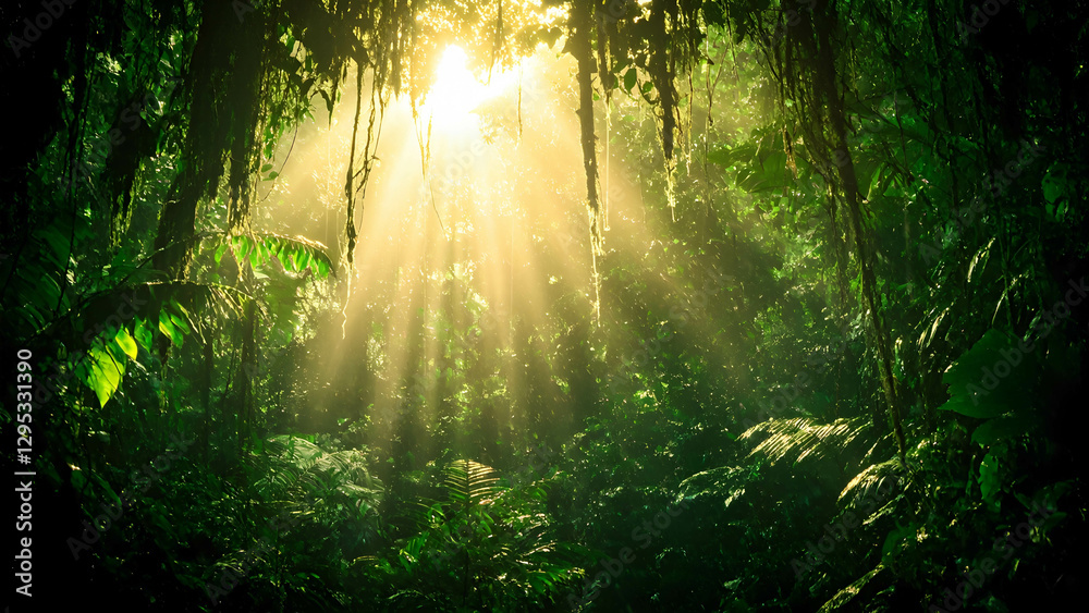 Obraz premium A dense, untouched rainforest with sunlight filtering through the canopy