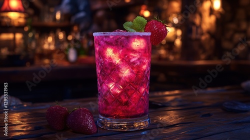 Strawberry cocktail in dimly lit bar, glowing ice cubes photo