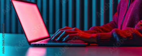 Remote work and digital nomad concept. Person working from a laptop in a sleek, futuristic coffee shop with neon lighting