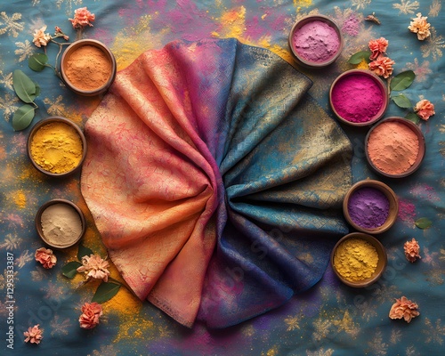 Elegant Flat Lay of Traditional Hand-Dyed Fabric with Holi Festival Colors – Generative AI