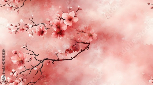 A romantic watercolor painting of cherry blossoms with soft pink petals, gracefully intertwined with delicate vines on a dusty pink background, with fluid brushstrokes and a dreamy aesthetic.