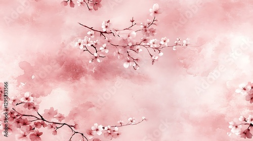 A romantic watercolor painting of cherry blossoms with soft pink petals, gracefully intertwined with delicate vines on a dusty pink background, with fluid brushstrokes and a dreamy aesthetic.