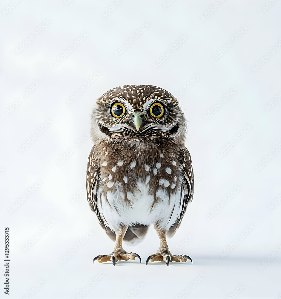 Obraz premium Close-Up Portrait of an Adorable Little Owl with Striking Yellow Eyes on a Seamless White Background, showcasing its Detailed Feathers and Curious Expression