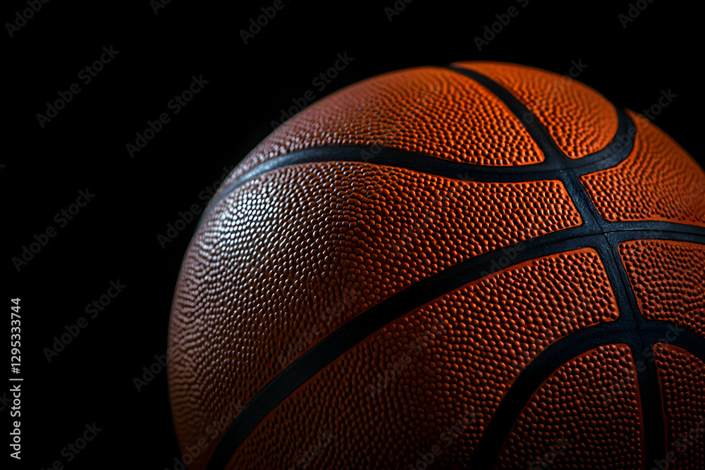 Fototapeta premium Close-up shot of an orange basketball with black lines on a dark background, capturing the texture and details of the ball in a dramatic lighting